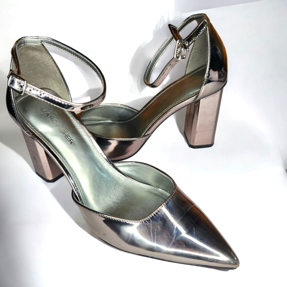 Marc Fisher Womens 9.5 Demeter Silver Metallic Point Toe Pumps Block Heel Buckle